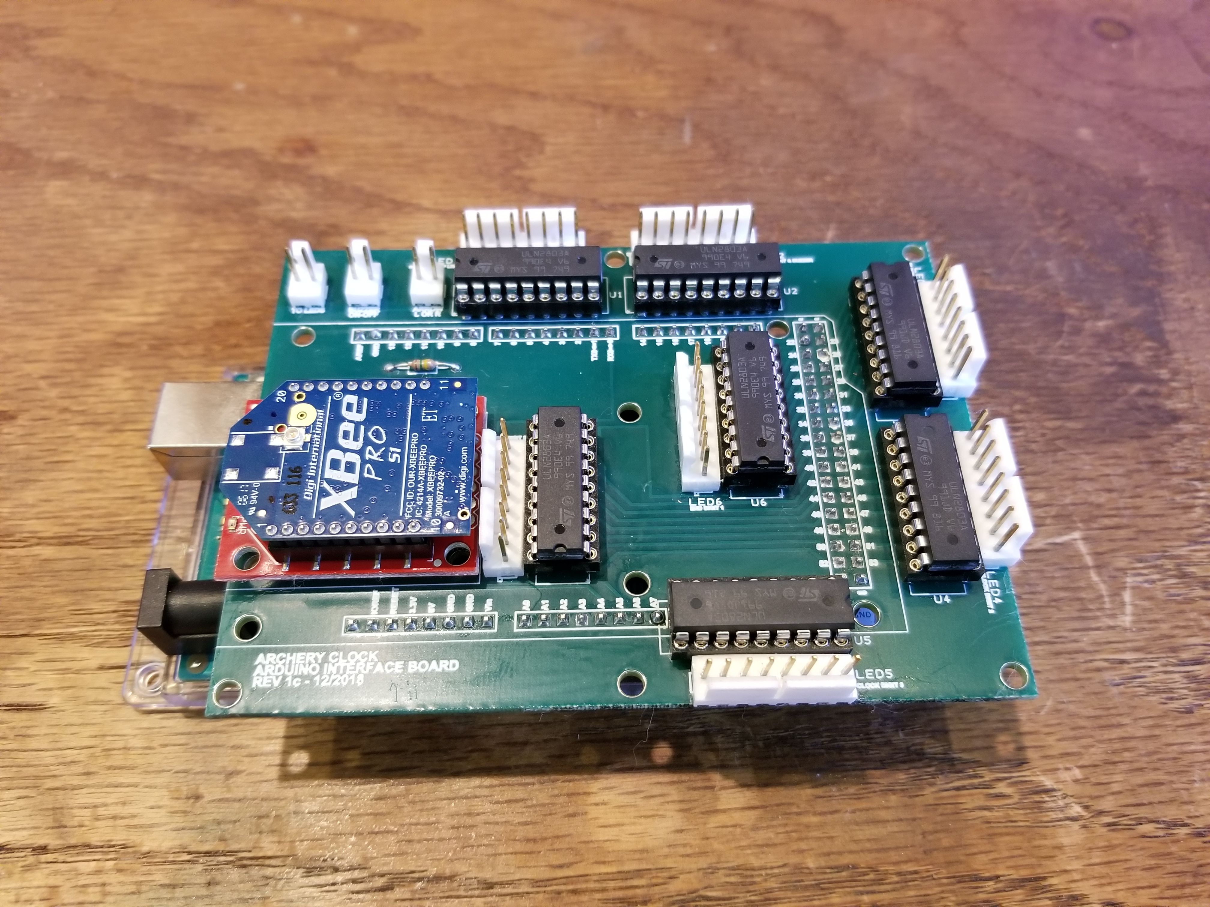 ArcheryClock Arduino interface circuit board with XBee module and ULN2803 digit drivers