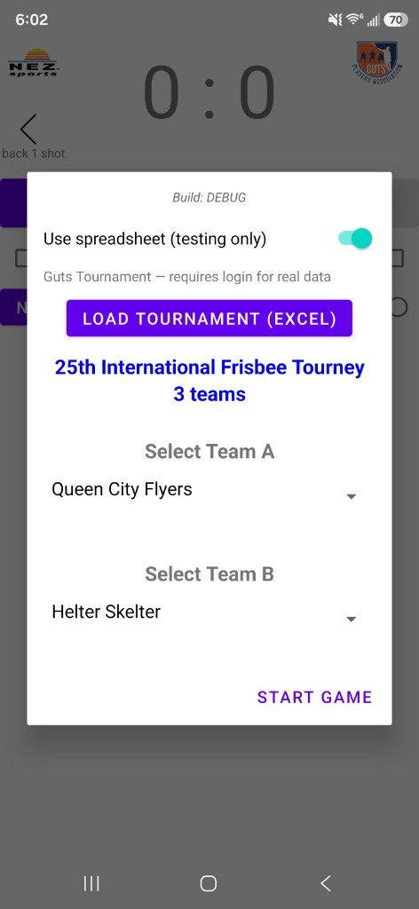 Guts Scoring Stats App dialog to load a tournament and select two teams