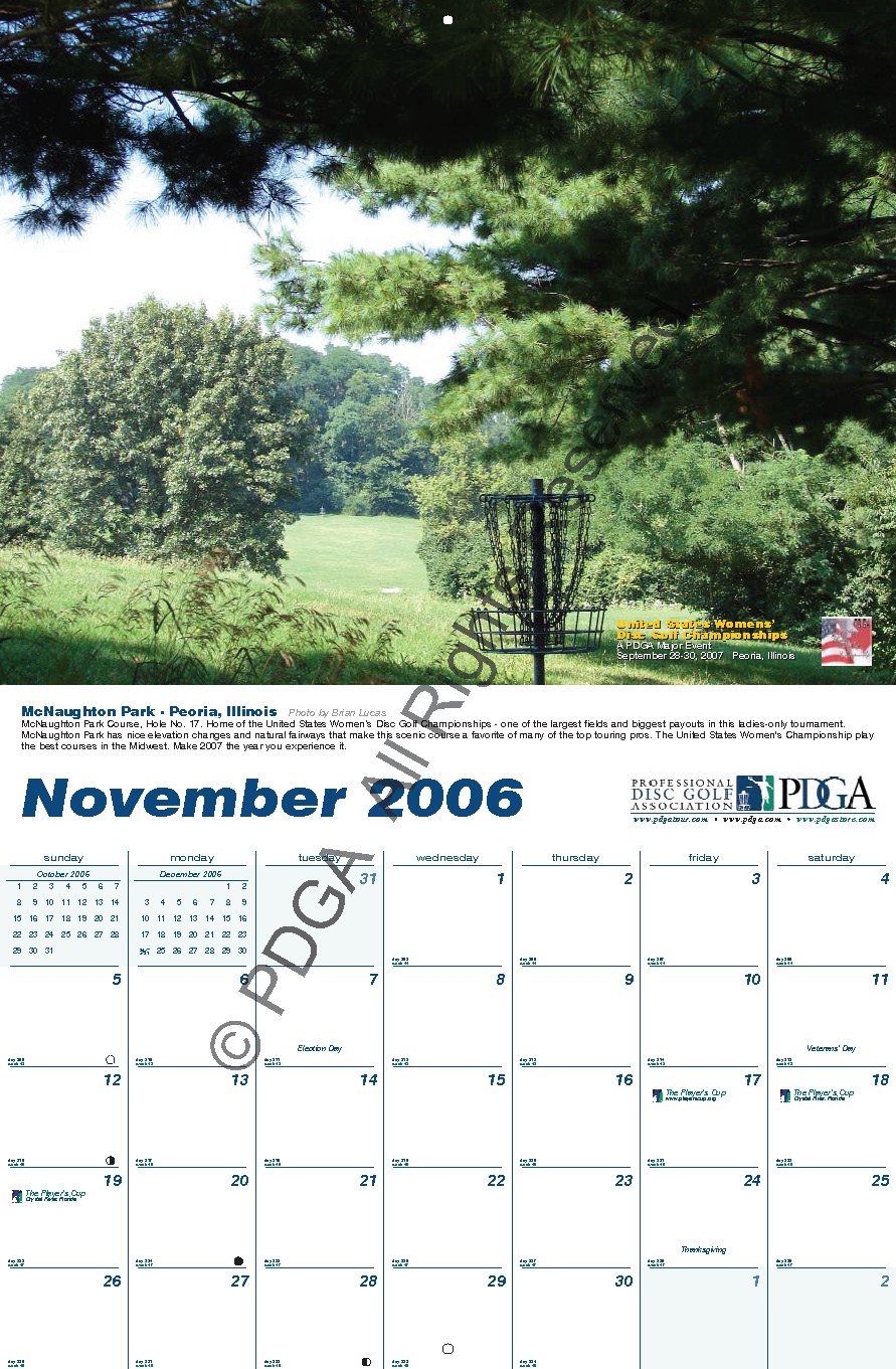 November 2006 calendar page featuring McNaughton Park in Peoria Illinois and the United States Women's disc golf championships