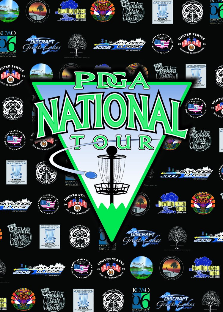 Promotional playing card face with PDGA National Tour logo on a collage of event logos