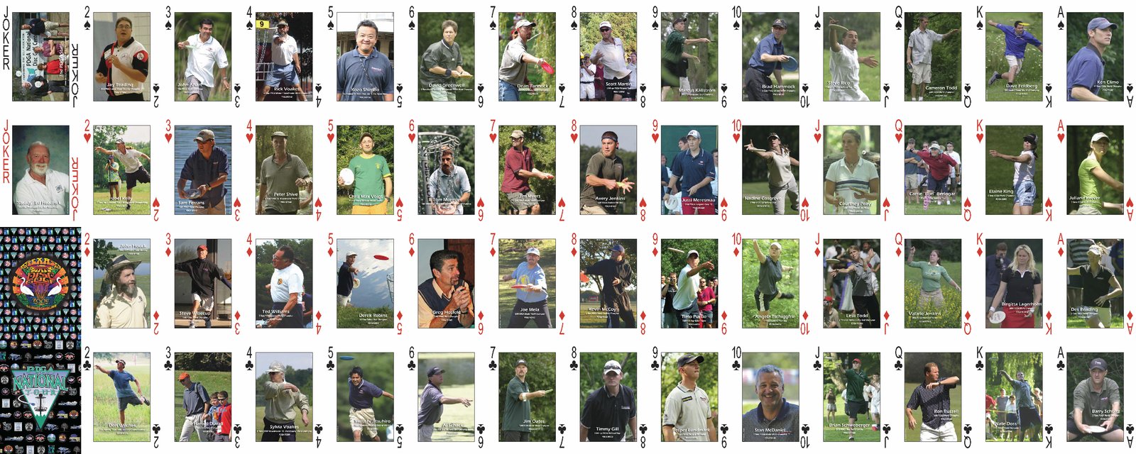 Full sheet proof of PDGA National Tour playing cards showing all ranks with professional disc golfer photos